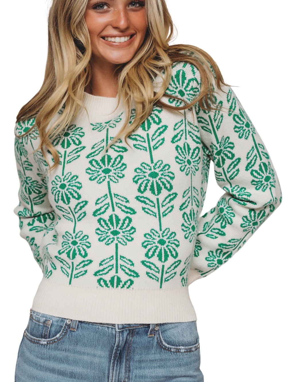 🍃🤍 Cream Crewneck Sweater with Green Floral Jacquard Printed Longsleeve